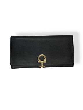 Salvatore Ferragamo Wallet Black Saffiano Leather Golden Gancini Long Bifold